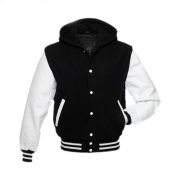Black Hoodie Varsity Jacket With White Leather Sleeves