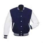 Navy Blue Letterman Jacket with White Leather Sleeves