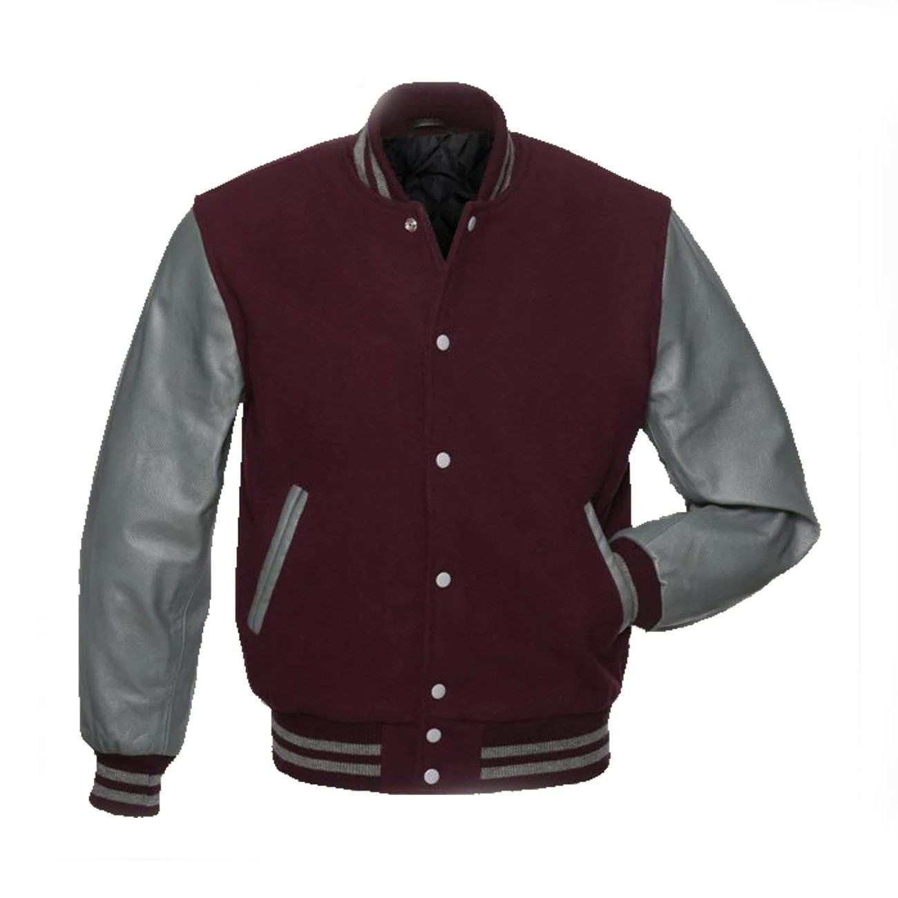 1-176.jpg Maroon Wool And Grey Leather Sleeves Varsity Jacket - Image 1