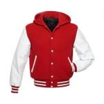 Red wool Hoodie Varsity Jacket With White PU Leather Sleeves