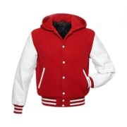 Red wool Hoodie Varsity Jacket With White PU Leather Sleeves