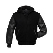 Black Wool Hoodie Varsity Jacket With PU Leather Sleeves