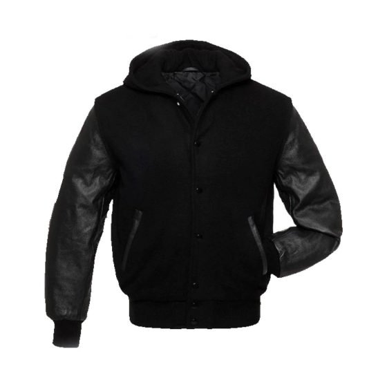 Black Wool Hoodie Varsity Jacket With PU Leather Sleeves