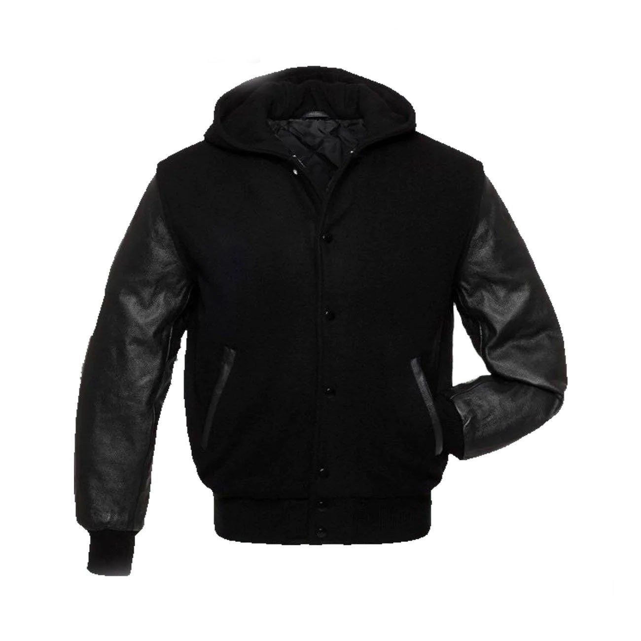 1-179.jpg Black Wool Hoodie Varsity Jacket With PU Leather Sleeves - Image 1