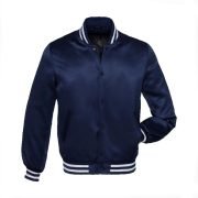 Navy Blue Satin Varsity Jacket with White Stripes
