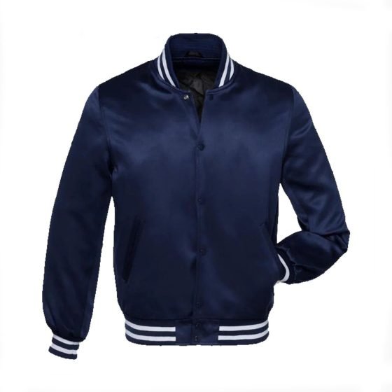 Navy Blue Satin Varsity Jacket with White Stripes