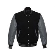 Black Wool With Grey Leather Sleeves Varsity Jacket For Men
