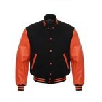 Letterman Varsity Jacket Black Wool With Orange Genuine Leather Sleeves