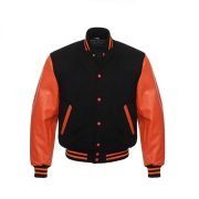 Letterman Varsity Jacket Black Wool With Orange Genuine Leather Sleeves
