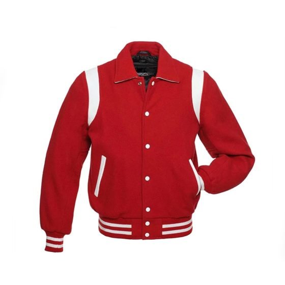Collar Varsity Jacket Red Wool With White Leather Stripes