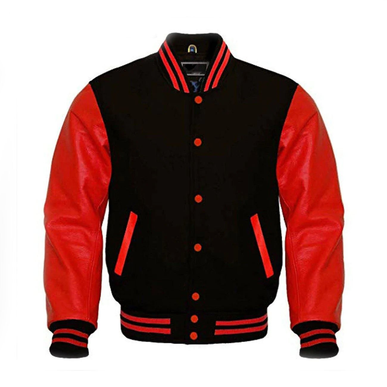 1-203.jpg Black Wool & Red Leather Sleeves Varsity jacket - Image 1