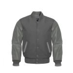 Dark Grey Wool Varsity Jacket With Grey PU Leather Sleeves