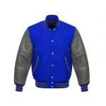 Varsity Letterman Blue Wool Jacket with Grey Leather Sleeves