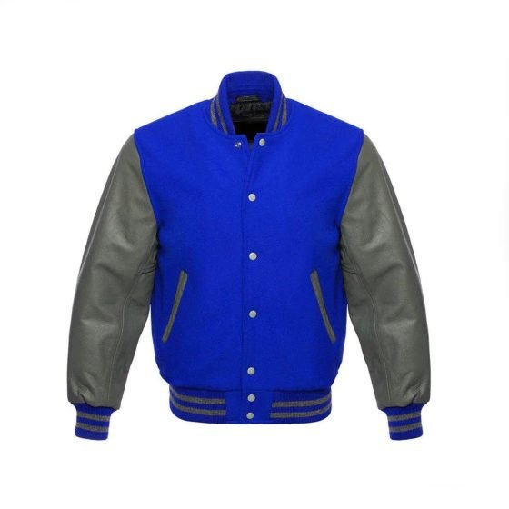 Varsity Letterman Blue Wool Jacket with Grey Leather Sleeves