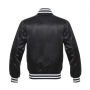 Black Bomber Style Satin Varsity Jacket With White Stripes - Image 3