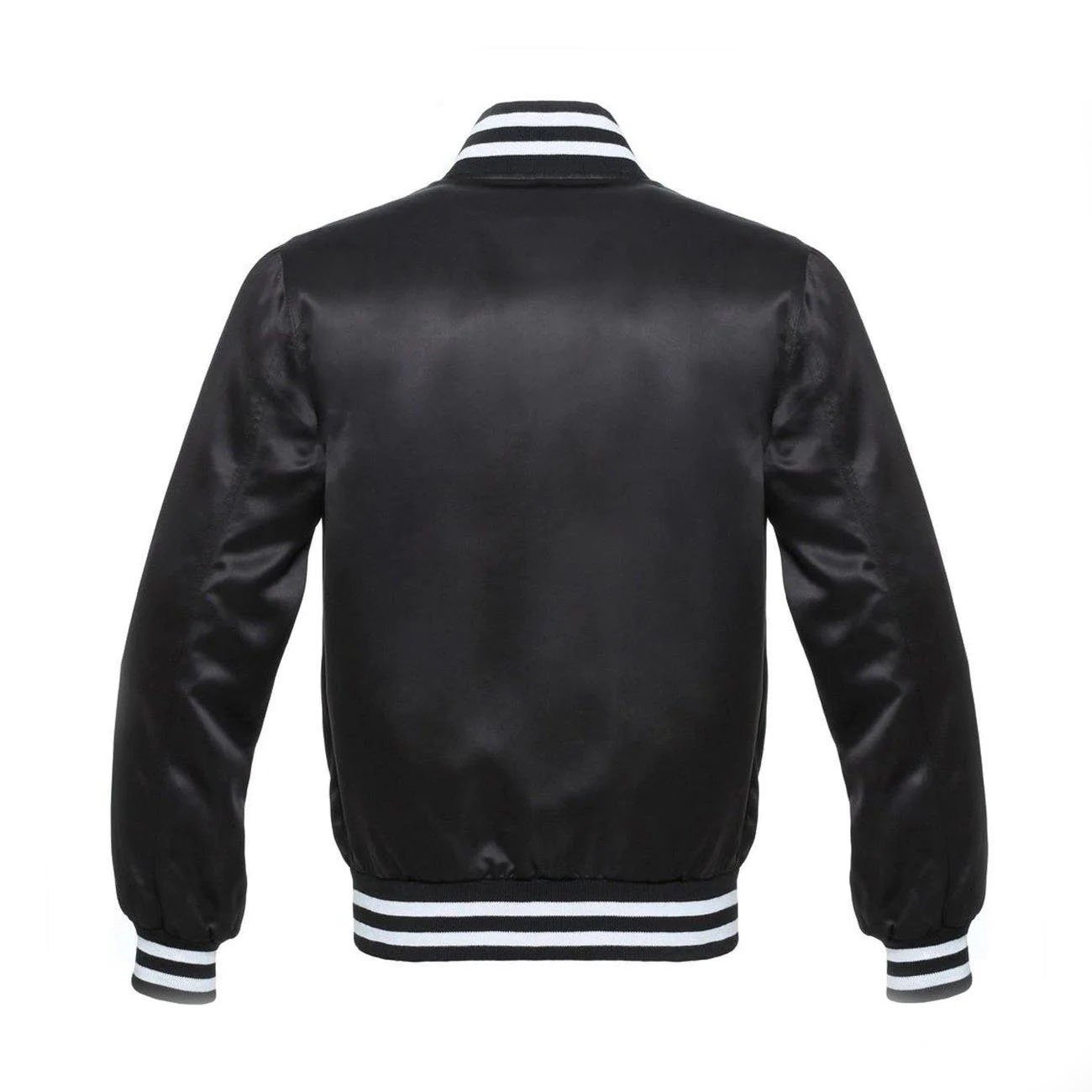 2-158.jpg Black Bomber Style Satin Varsity Jacket With White Stripes - Image 3
