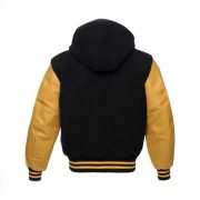 Black Wool Hoodie Varsity Jacket With Yellow Sleeves - Image 3