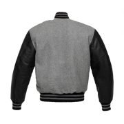 Grey Wool Varsity Jacket With Black Leather Sleeves - Image 3