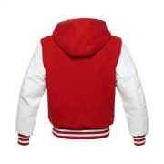 Red wool Hoodie Varsity Jacket With White PU Leather Sleeves - Image 3