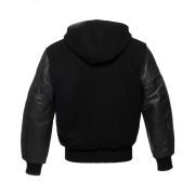 Black Wool Hoodie Varsity Jacket With PU Leather Sleeves - Image 3