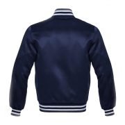 Navy Blue Satin Varsity Jacket with White Stripes - Image 3