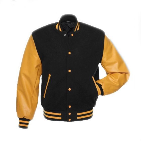 Men's Black and Gold Letterman Jacket with Leather Sleeves