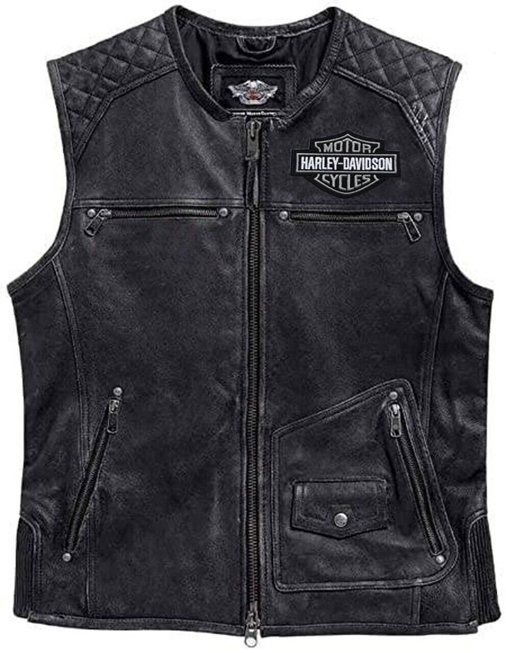Harley Davidson Men’s Genuine Leather Black Biker Vest Moto Cafe with 4 Front Pockets Harley Davidson Men’s Genuine Leather Black Biker Vest Moto Cafe with 4 Front Pockets Motocollection
