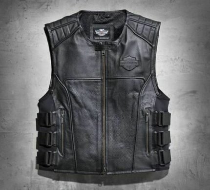 Men Swat II Genuine Leather Zippered Harley Davidson Biker Cafe Racer Black Vest Motocollection