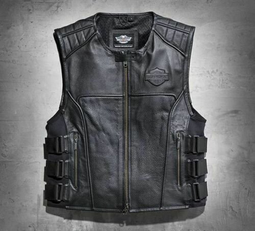 Men Swat II Genuine Leather Zippered Harley Davidson Biker Cafe Racer Black Vest Motocollection