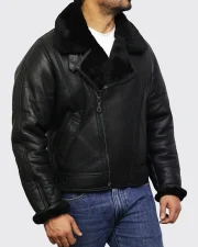 Black RAF B3 Trimmed Sheepskin Shearling Leather Biker Jacket - Image 3