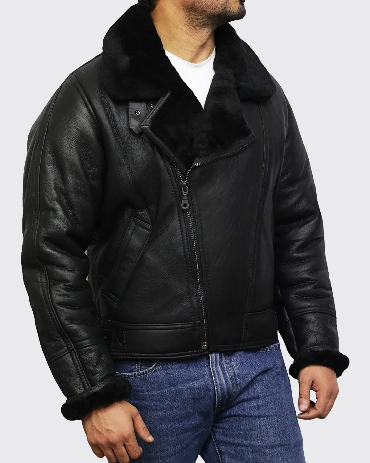 Mens-Black-Biker-B3-Bomber-Sheepskin-Shearling-Jacket-ShearlingStore-001 Black RAF B3 Trimmed Sheepskin Shearling Leather Biker Jacket - Image 3