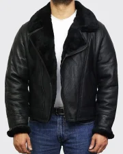 Black RAF B3 Trimmed Sheepskin Shearling Leather Biker Jacket - Image 2
