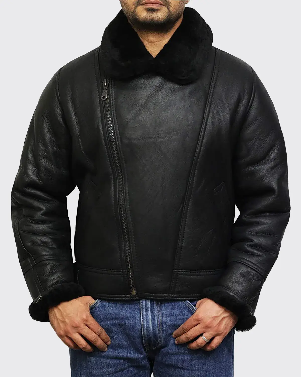 Mens-Black-Biker-B3-Bomber-Sheepskin-Shearling-Jacket Black RAF B3 Trimmed Sheepskin Shearling Leather Biker Jacket - Image 1