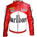 Handmade Marlboro F1 Biker White Leather Jacket for Men
