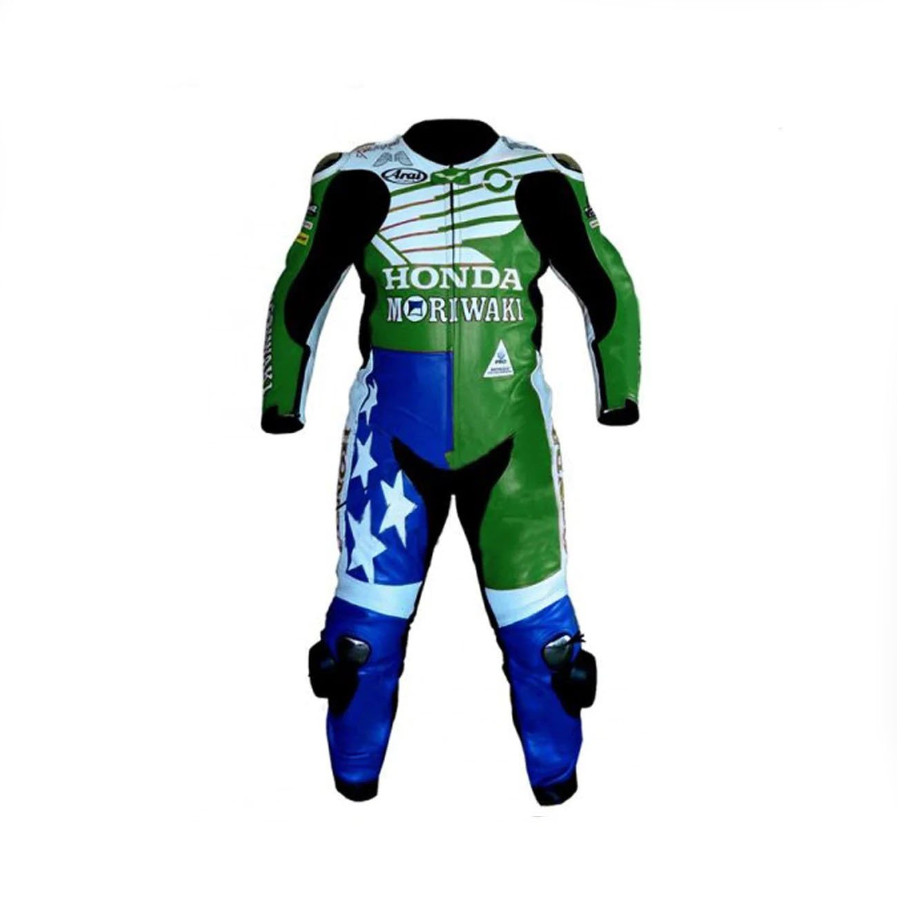 1-256.jpg American Honda Moriwaki Motorcycle Racing Leather Suit - Green - Image 1