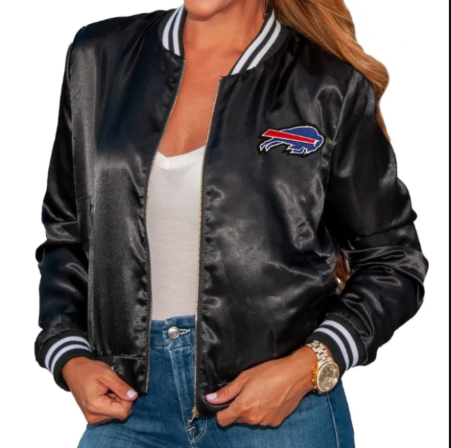 Ardella Buffalo Bills Black Satin Bomber Jacket