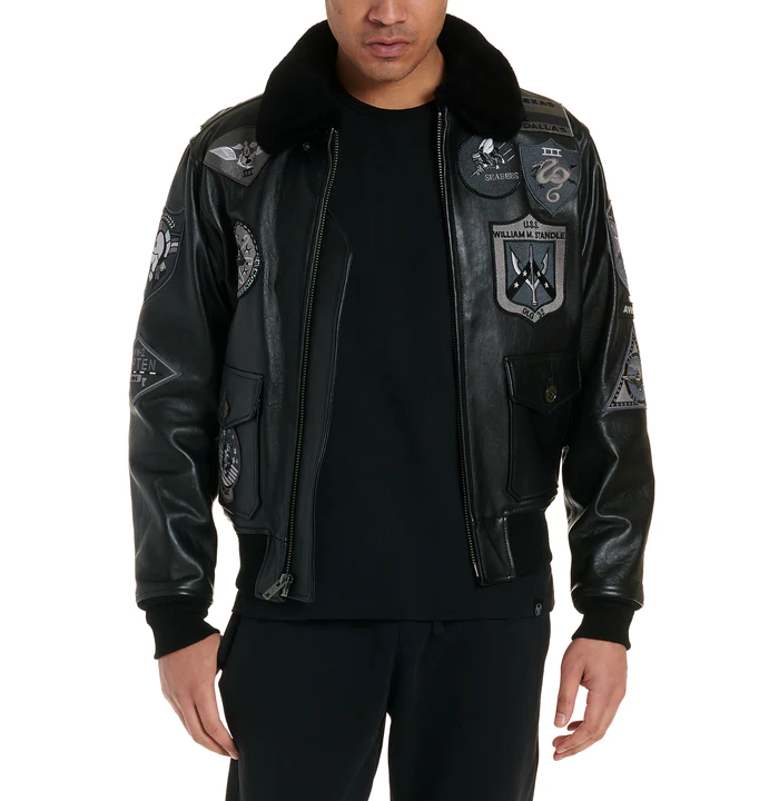 AVH191O02_BLACK_FRONT_ON_MODEL_700x Avirex Black G-1 Bomber Leather Jacket - Image 4