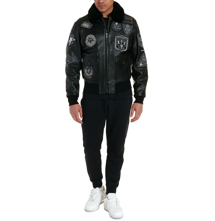 AVH191O02_BLACK_FULL_ON_MODEL_700x Avirex Black G-1 Bomber Leather Jacket - Image 5