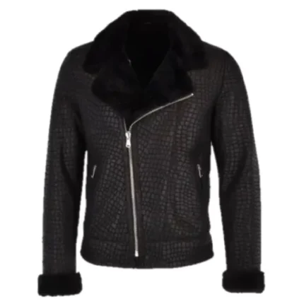 Torres Black Snake Pattern Fur Collar Biker Jacket