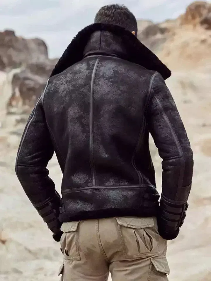 Eric-Black-Triple-Belted-Cuffs-Shearling-Fur-Jacket-Back-Image.webp Eric Grey Black Triple Belted Cuffs Shearling Jacket - Image 2