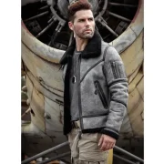 Eric Grey Black Triple Belted Cuffs Shearling Jacket - Image 5