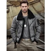 Eric Grey Black Triple Belted Cuffs Shearling Jacket - Image 3