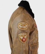 Devin Aviator Tan Bomber Brown Jacket with Patches - Image 2