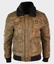 Devin Aviator Tan Bomber Brown Jacket with Patches