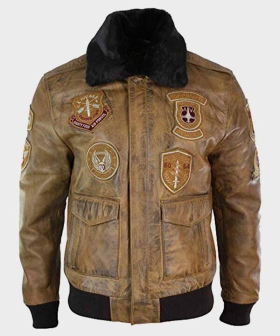Devin Aviator Tan Bomber Brown Jacket with Patches