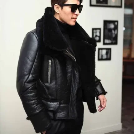 Scott Shearling Fur Black Biker Aviator Jacket