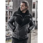 Rogers Double Collar Biker Aviator Black Leather Jacket
