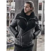 Rogers Double Collar Biker Aviator Black Leather Jacket