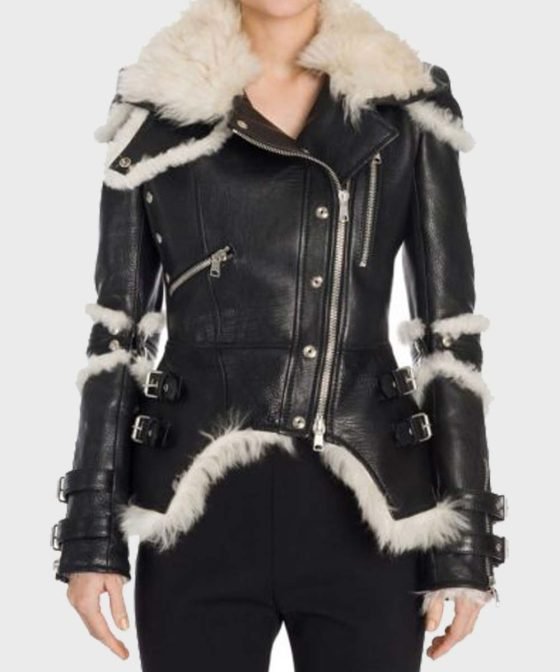 Leah Black Sheepskin Shearling Biker Jacket