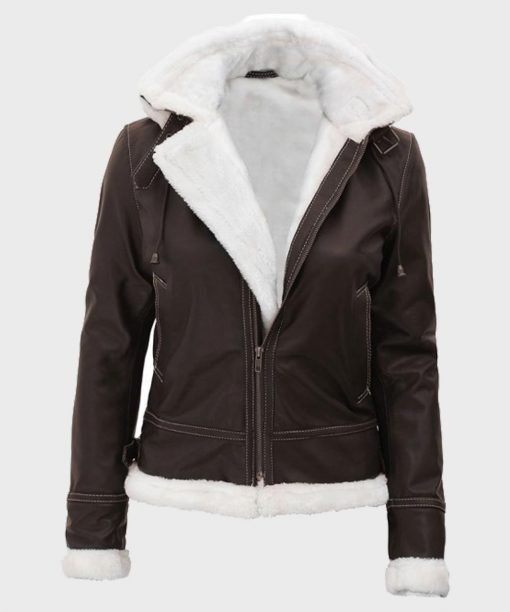 Womens-Dark-Brown-Shearling-Jacket-2.jpg Jasmine Dark Brown Jacket with hood - Image 3